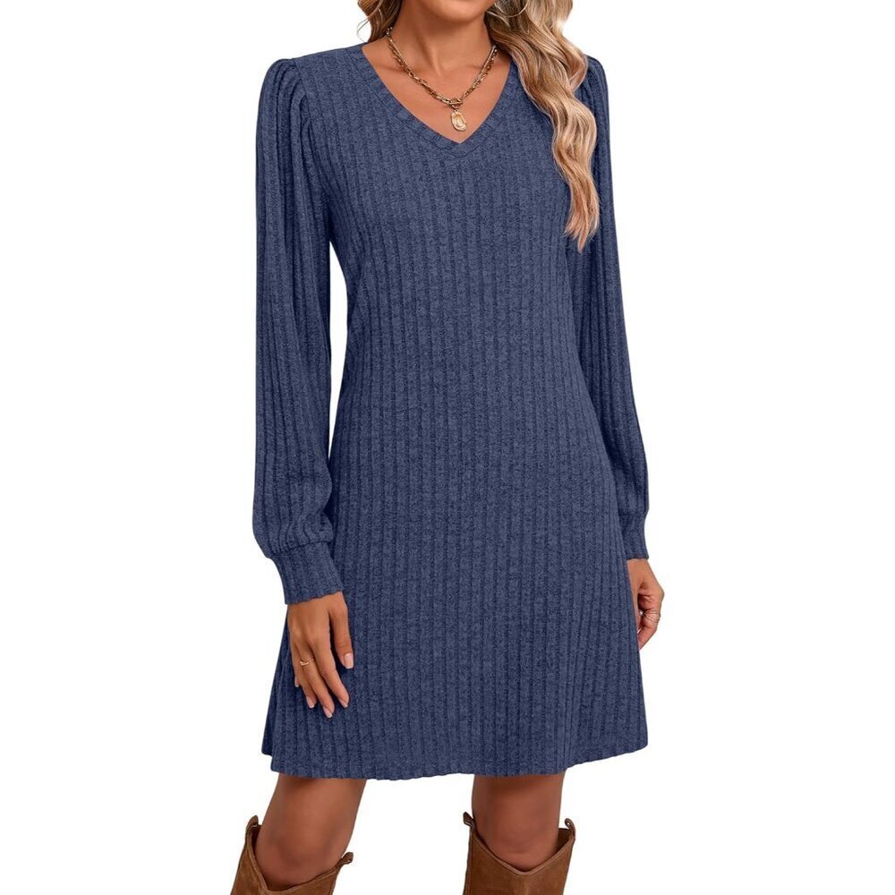 Women's Knit Sweater Dress Casual V-Neck Long Sleeve Fall Outfits